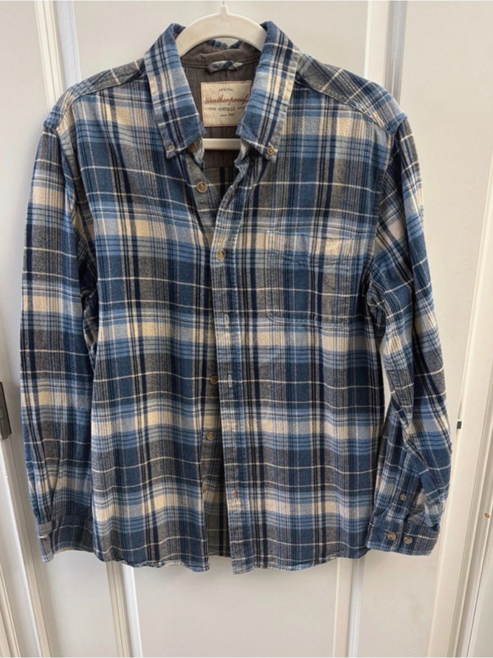 Weatherproof Blue and Cream Plaid Button-Down Shirt